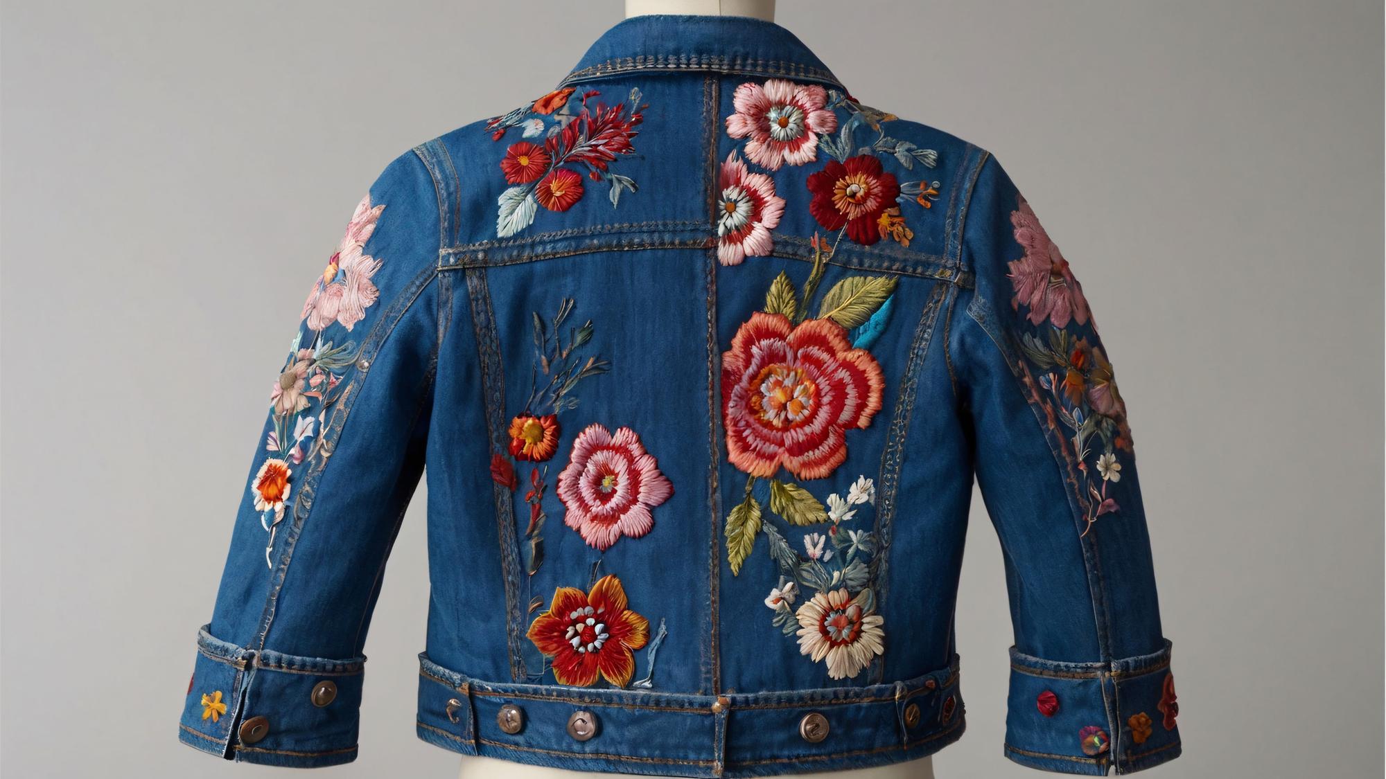 Embroidered denim jacket with floral crest